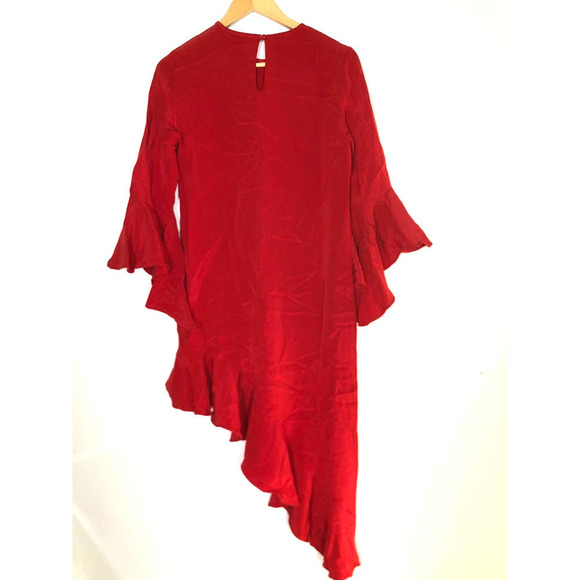 Alexis Hazel Asymmetric Dress Ruffle Trim Bell Sleeve Red M - Picture 6 of 12